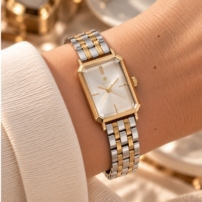 Montre élégante pour femme avec cadran rectangulaire raffiné et bracelet en acier inoxydable au design intemporel – Solexya